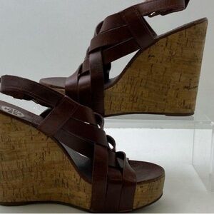 Tory Burch Ace High Platform Cork Wedge Sienna Leather Sandals size 7.5